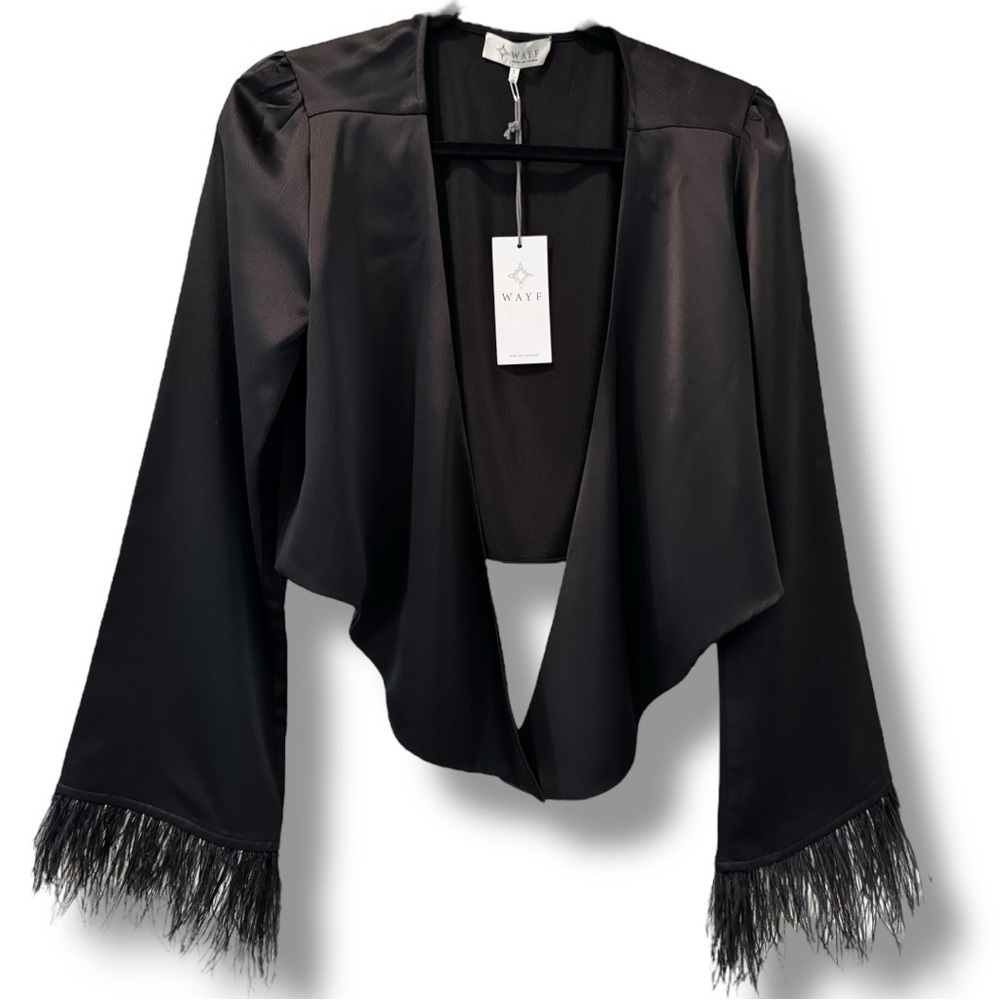β¨ WAYF Black Satin Feather Cuff Bolero Jacket β Size L (NWT) β¨ - Picture 2 of 7